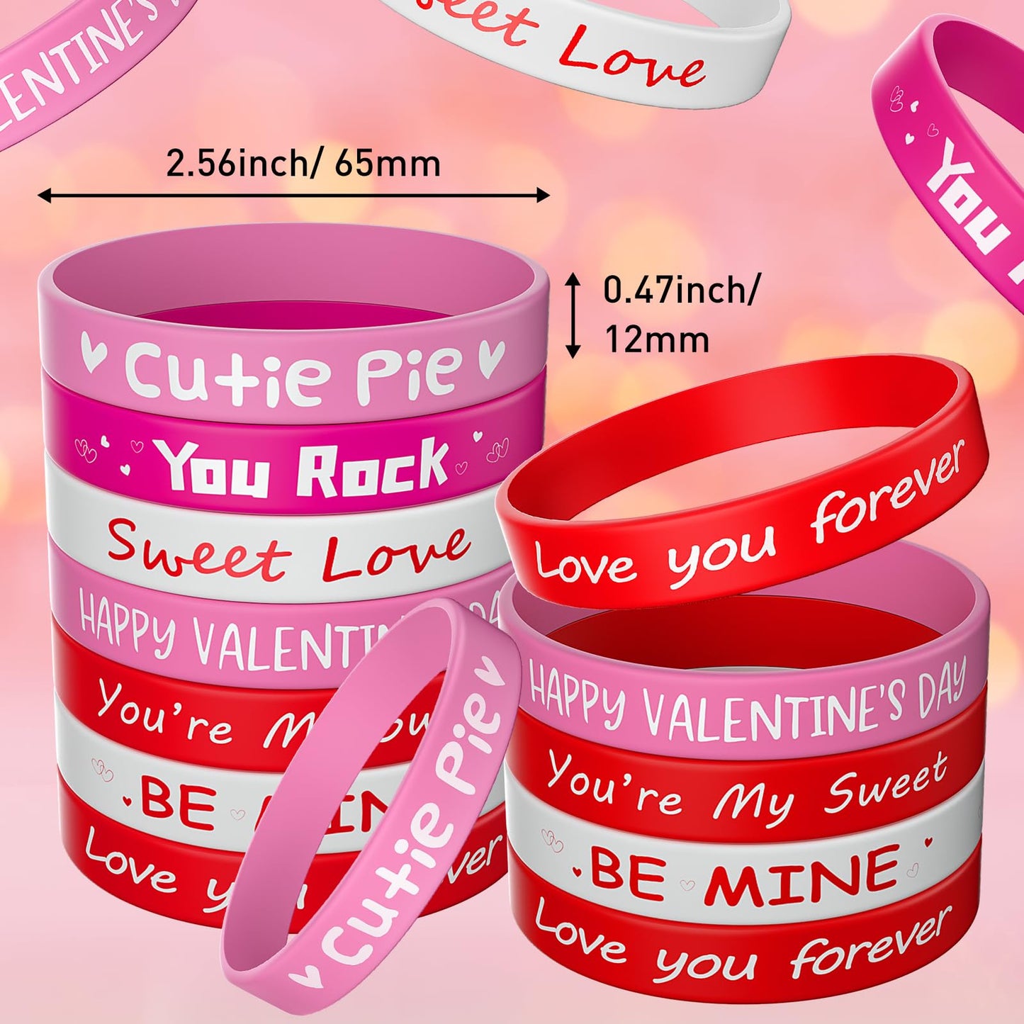Morcheiong 70 Pcs Valentine's Day Silicone Bracelets Pink Red Party Favors Classic Rubber Wristbands for Kids Adults Valentine's