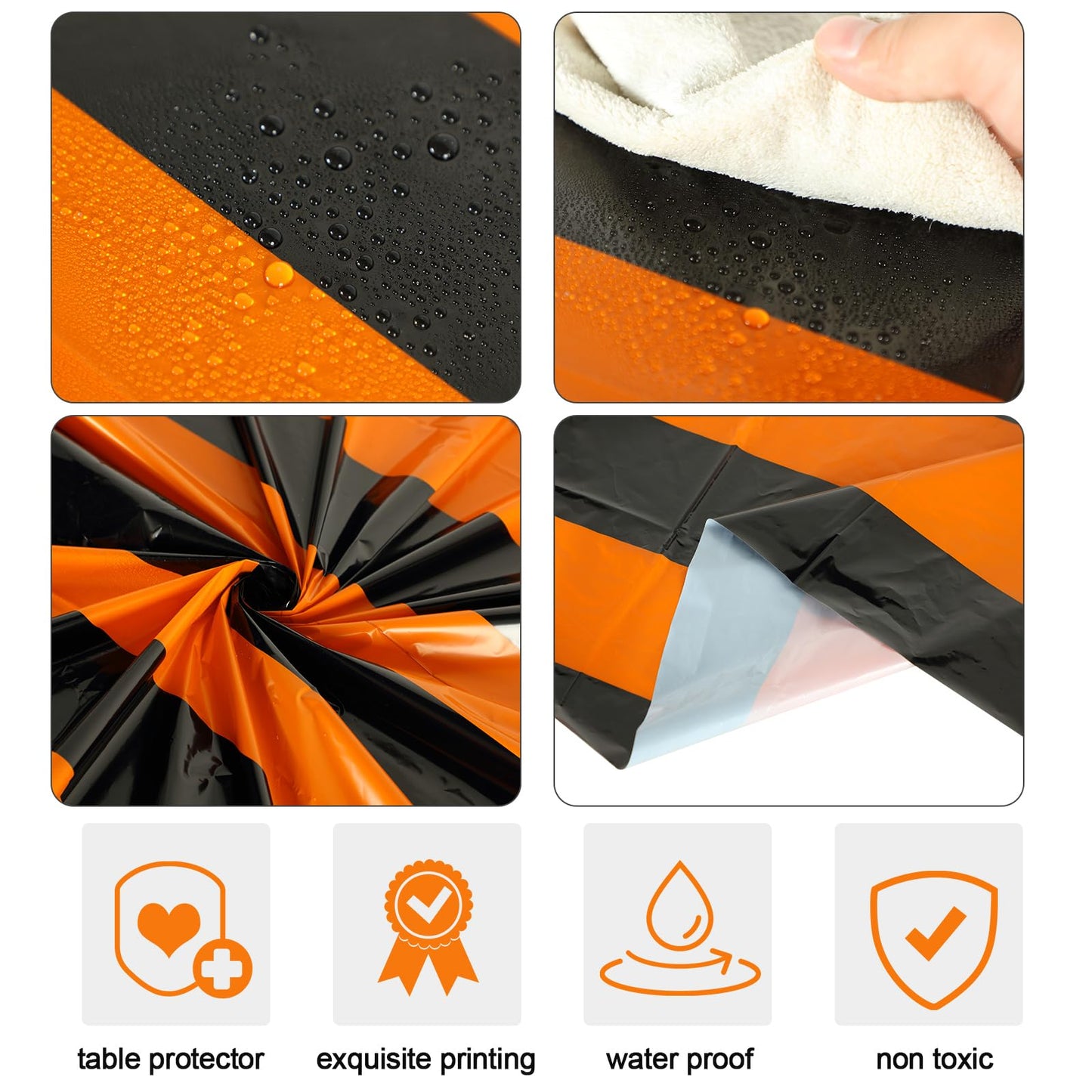 Tatuo 6 Pcs Black and Orange Round Circus Table Cloth 84 Inch Carnival Circus Tablecloths Striped Disposable Plastic Table Cover