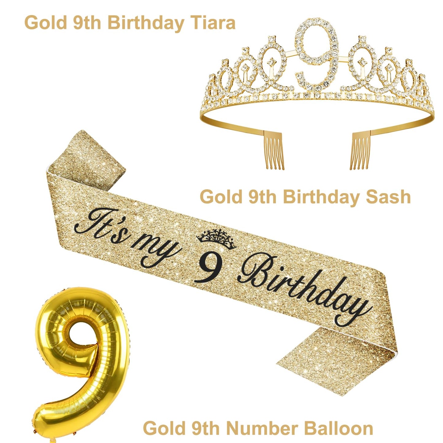 9th Birthday Decorations for Girl Gold, Including 9th Birthday Girl Sash and Tiara for Girls, 9 Birthday Candles and Cake Topper