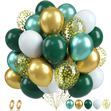 Green Gold Balloons Set, 60Pcs Dark Green White Gold Balloons, 12Inch Metallic Green Gold Latex Balloons Gold Confetti Balloons