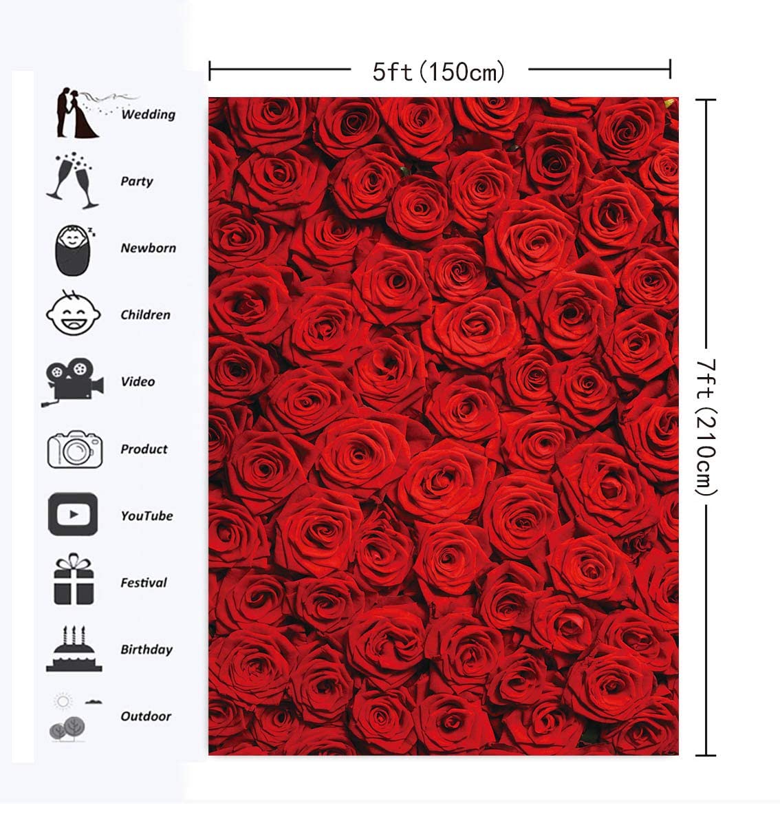 RUINI Floral Wedding Photography Backdrop, Red Roses, 5x7FT, Vinyl Material, Model RUINI_Flower034