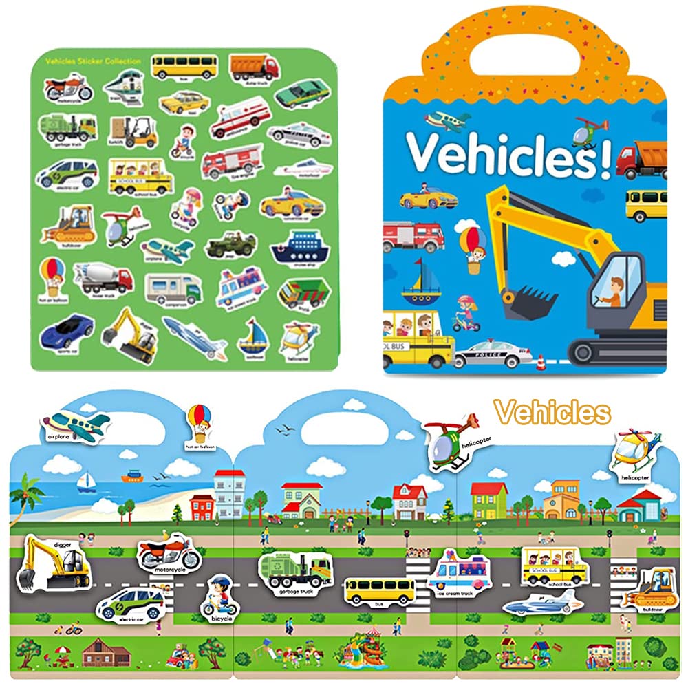 Reusable Sticker Books For Kids, 3 Sets Travel Removable Toddler Sticker Books For 2 3 4 5 Year Old Girls Boys Birthday Gifts Educational Learning Toys For Age 2-4 - Farm & Zoo Animal, Vehicle