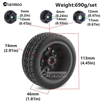 Chanmoo 1/10 RC Short Course Truck Tires And Wheels With 12mm 14mm 17mm Hex 113mm 1/8 Rubber Tyres For 1/8 or 1/10 Scale On Road