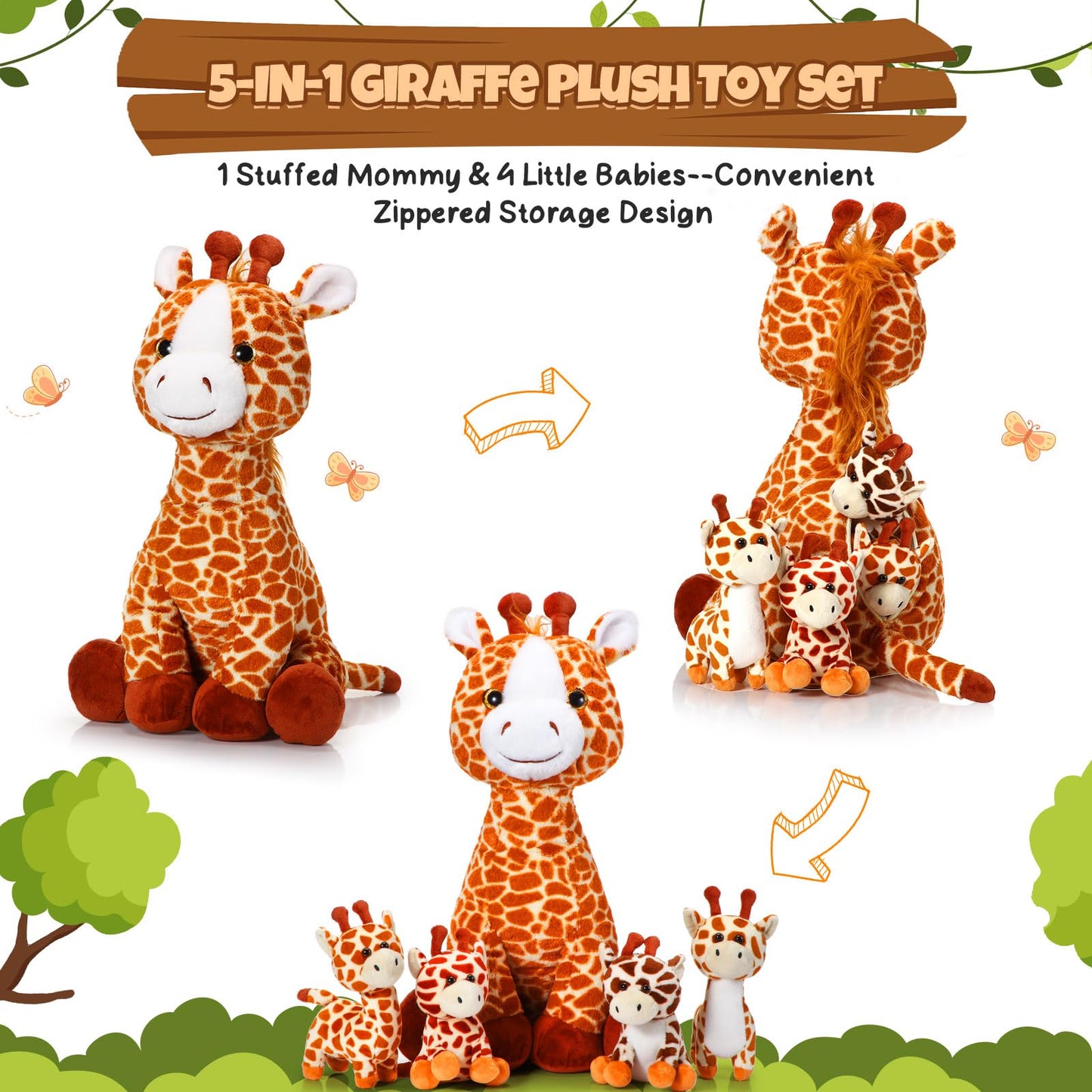 Honoson 5 Pcs Giraffe Stuffed Animals Set 18'' Large Mommy Giraffe Plush With 4 Cute Baby Zippered Tummy Soft Gift For Boy Girl