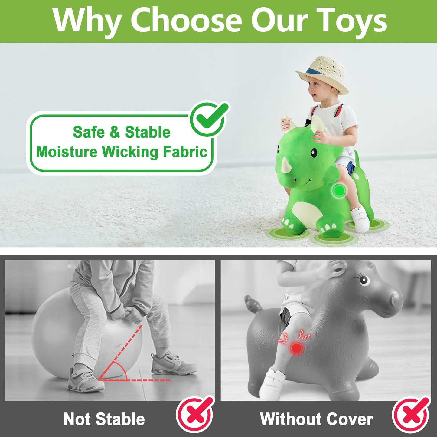 iPlay, iLearn Bouncy Pals Dinosaur Hopper Toy - Large Green Plush Triceratops for Kids, Perfect Outdoor Gift for Toddlers 2-6 Years