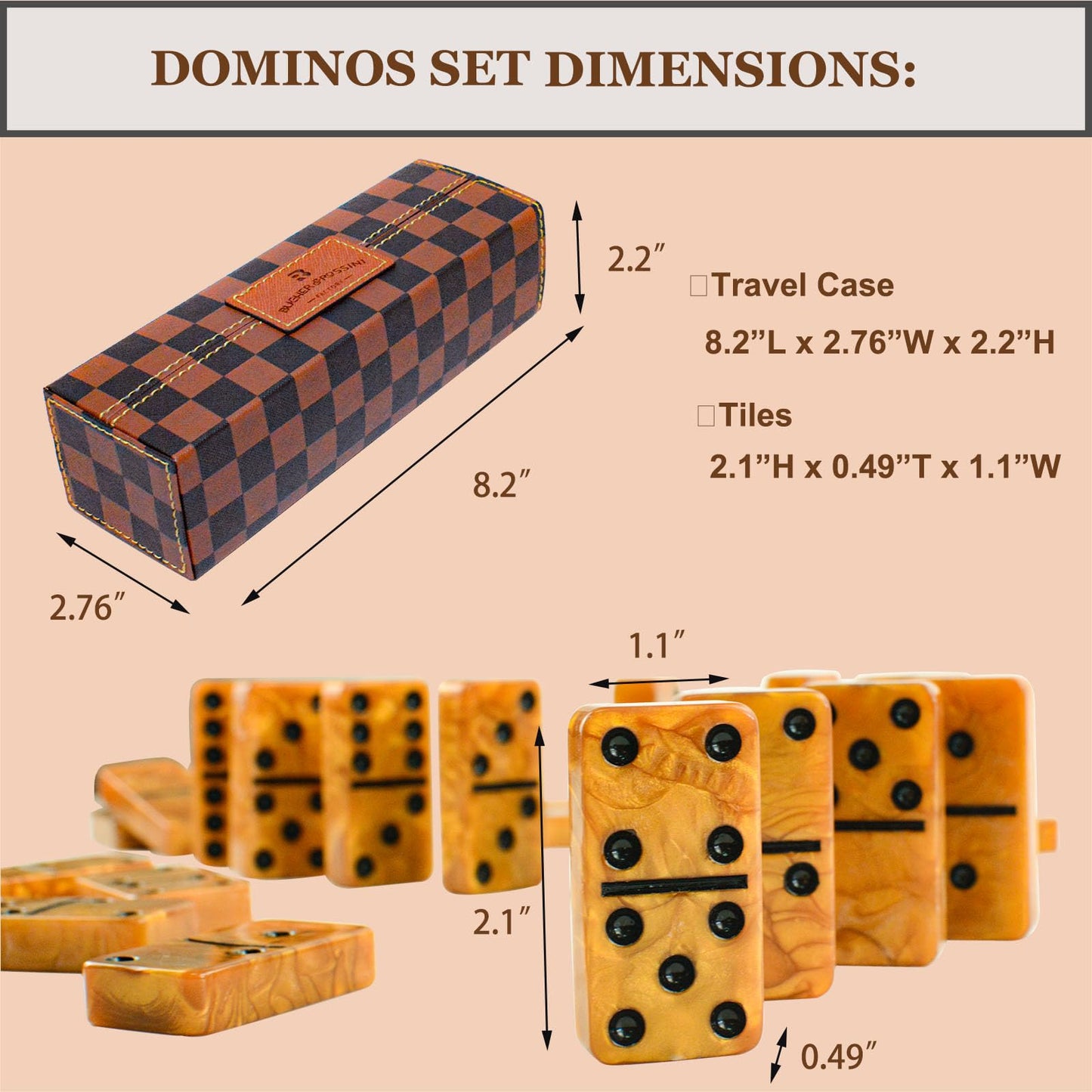Vovotuzzi Dominos Set For Adults, Thick Domino, Double 6 Dominoes Set For Adults And Kids, 28 Marbleized Gold Tiles In Brown Lea