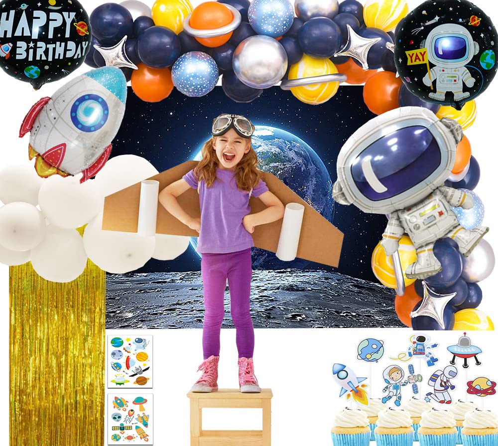 Outer Space Theme Birthday Party Decorations Happy Birthday Banner Balloons Tattoo Stickers Cake Toppers For Birthday Party, Boy