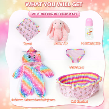 ARTST Reborn Baby Doll Accessories with Bassinet, Rainbow Unicorn Doll Clothes Outfit Set for 17-22 inch Newborn Babies,Realisti