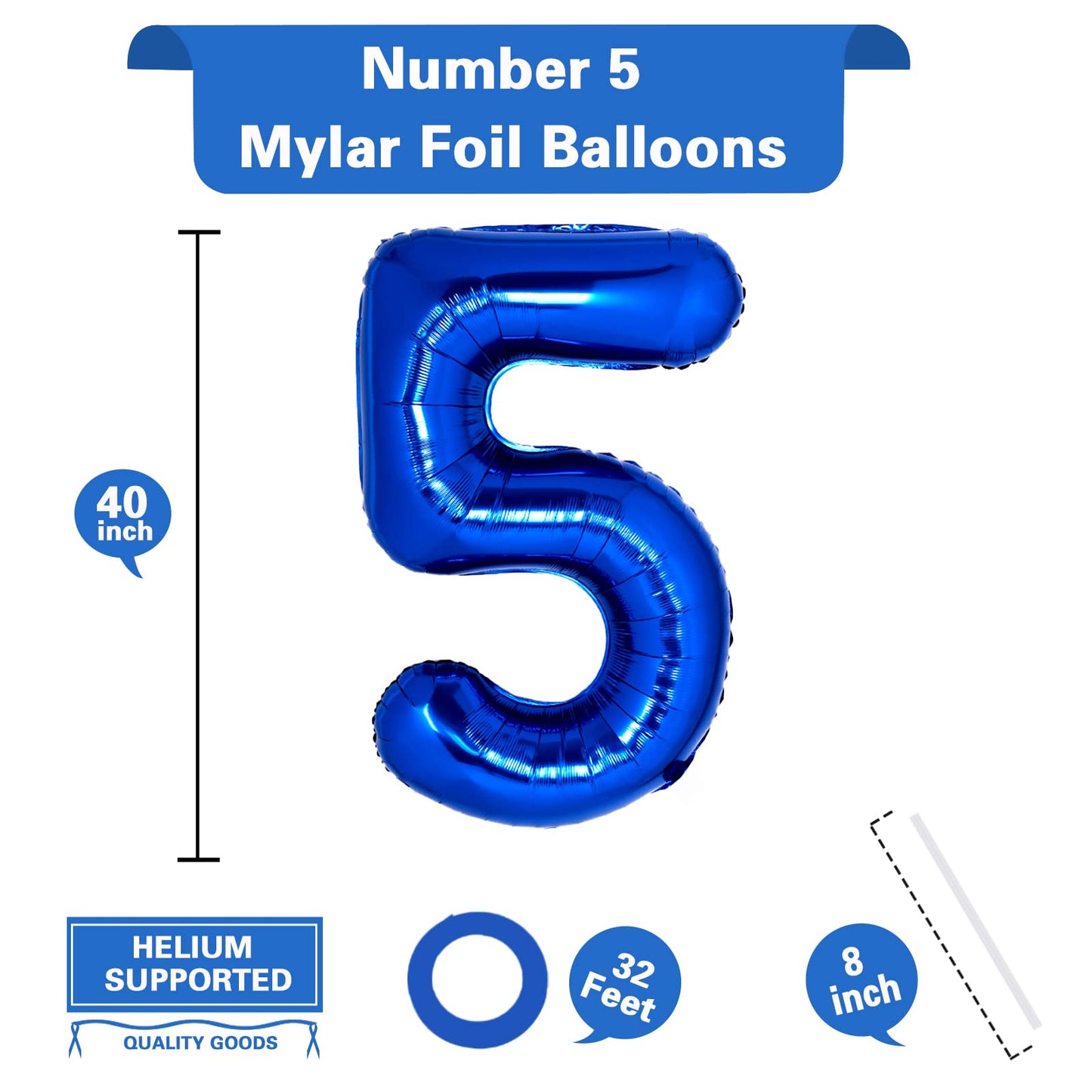 40 Inch Giant Navy Blue Number 5 Balloon, Helium Mylar Foil Number Balloons For Birthday Party, 5Th Birthday Decorations For Kid
