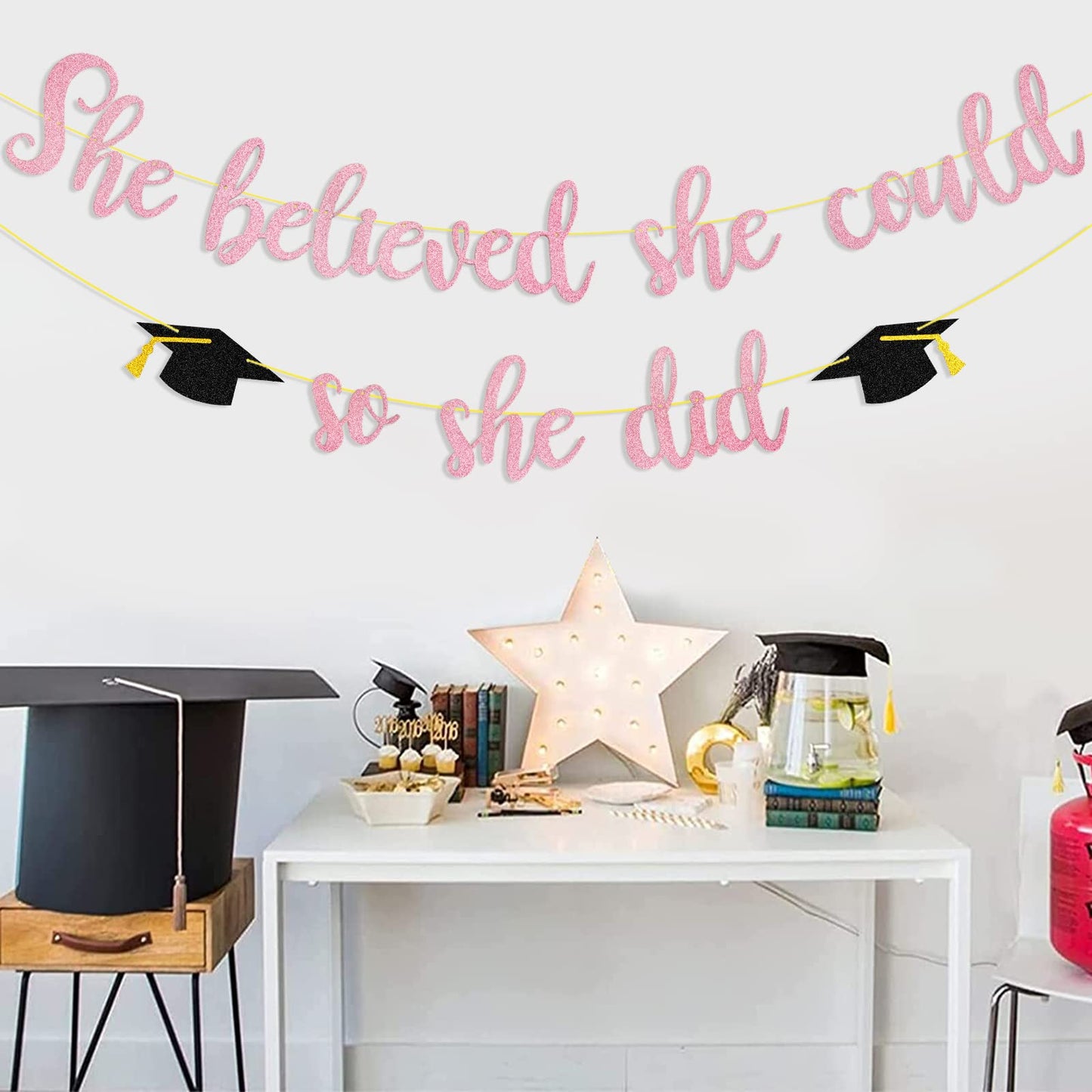 She Believed She Could So She Did Banner Decorations - Pink Glitter She Did It 2024 Garland Graduation Bunting Banner, Congrats