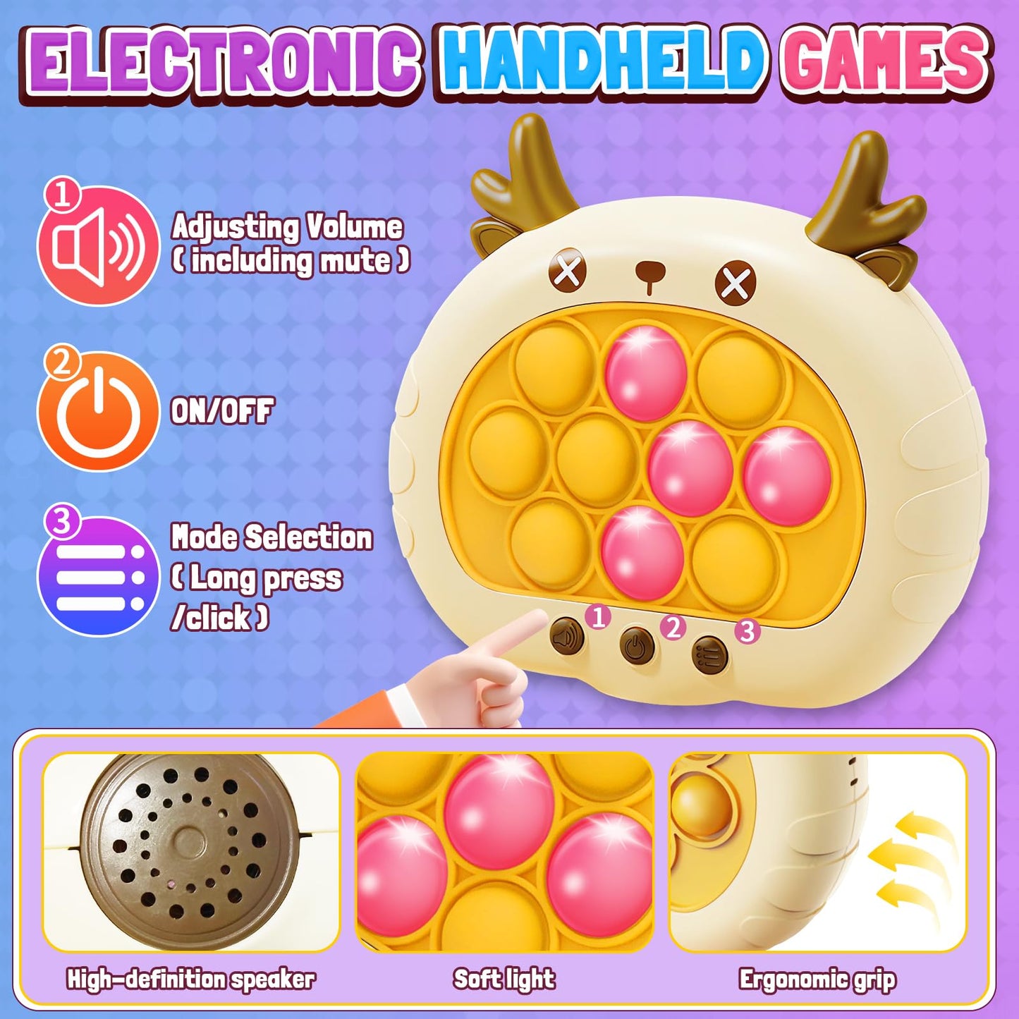 Thinhous Fast Push Game Handheld Toy - Electric Fidget Pop Game Sensory Light Up Toys With Music, Quick Push Bubble Games Birthd