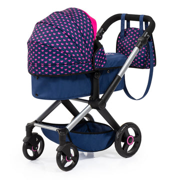 Bayer Design 17054Aa Combi Dolls Pram Xeo, Stroller, Height-Adjustable Handle, Convertible, Bag, Blue With Unicorn And Hearts