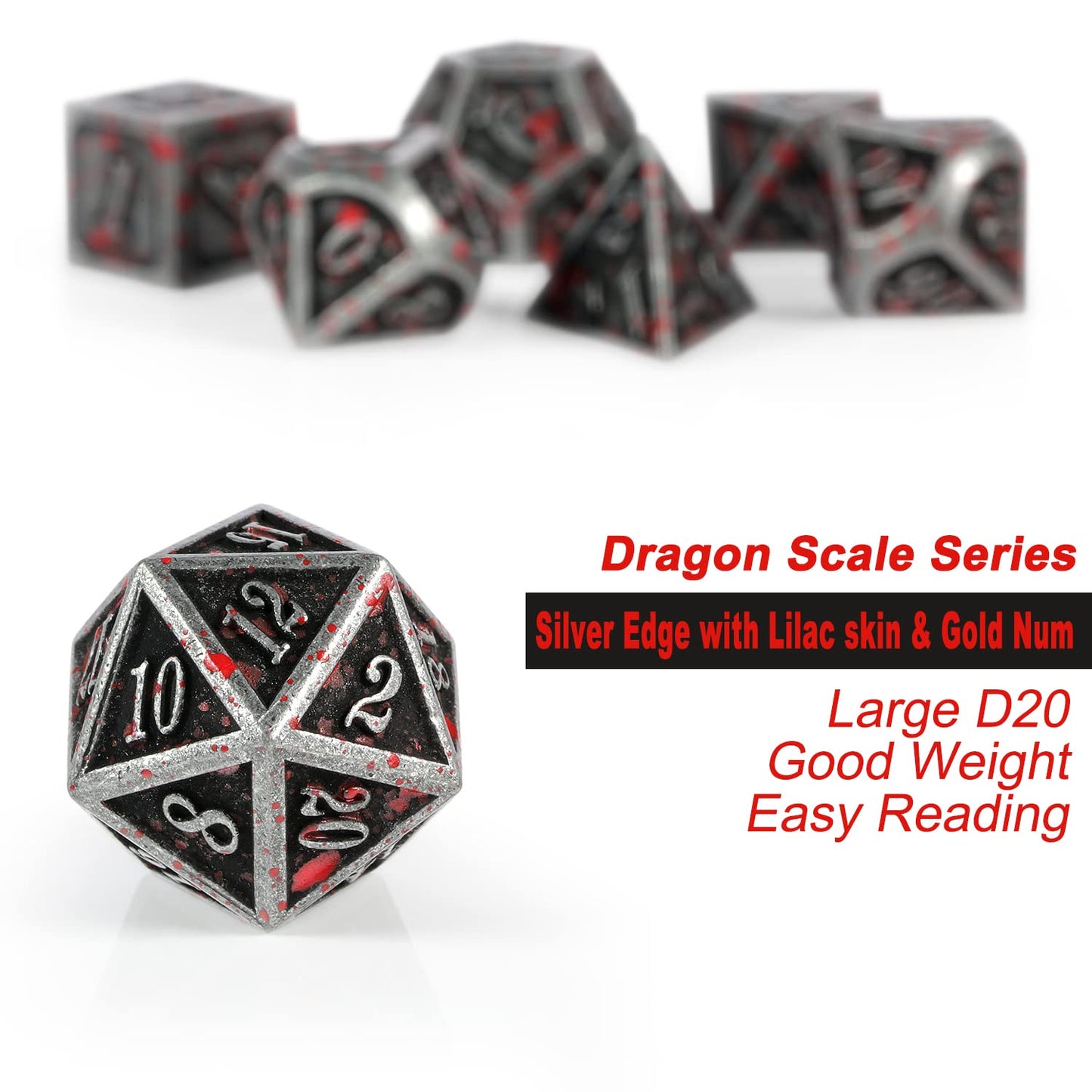 Acient Silver Bloodstained Metal Dice Set DND, DNDND 7PCS Metallic Halloween Die with Metal Case for Dungeons and Dragons Tablet