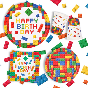 Building Block Party Supplies Paper Plates Napkins Cups Tablecloth Banner For Colorful Building Block Birthday Party Decorations