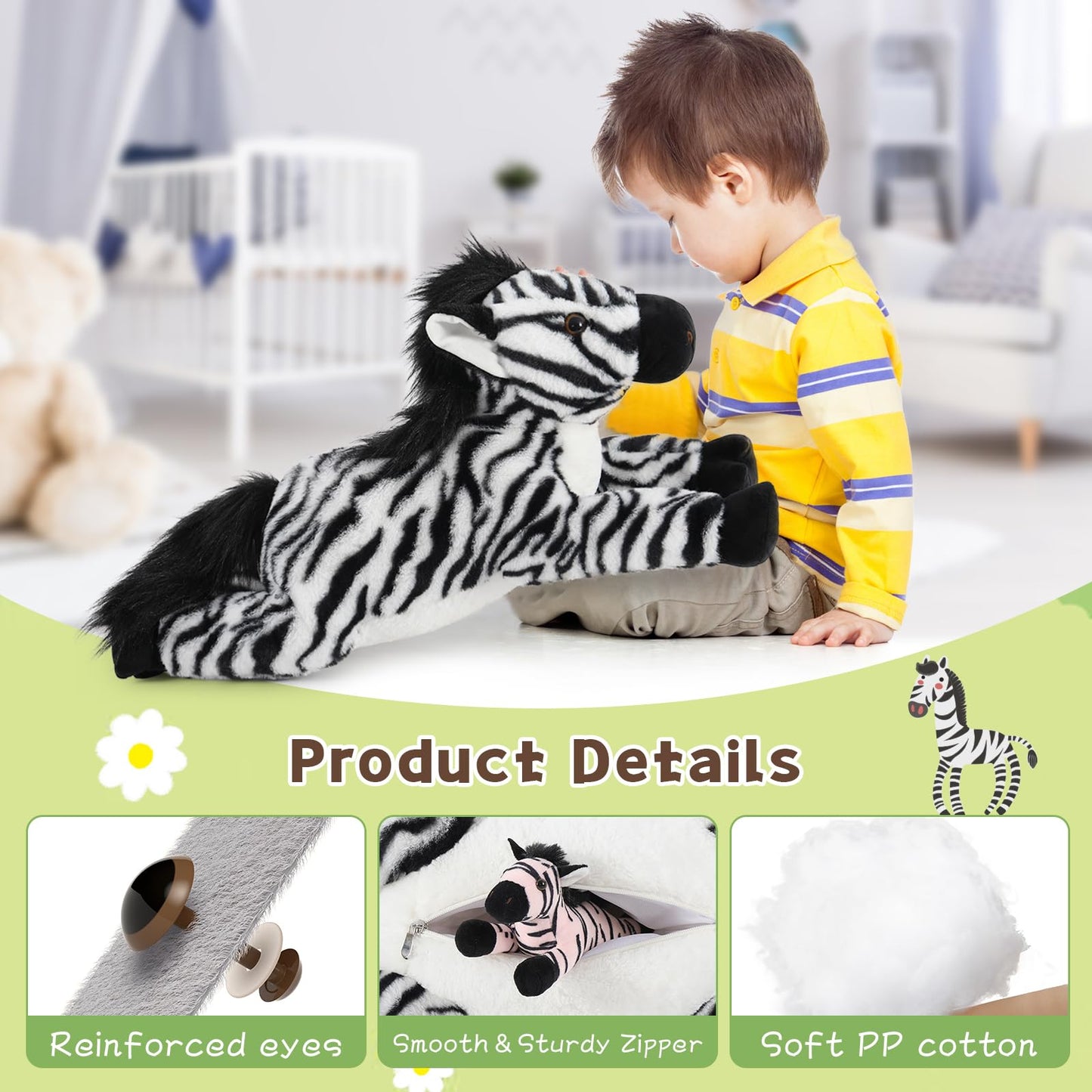 Tezituor 5pcs Wildlife Zebra Stuffed Animals Set, 25" Realistic Plush Toys for Kids, White Polyester Birthday Gift Decoration