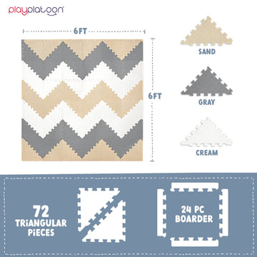 Play Platoon Non-Toxic Extra-Thick 96 Piece Triangle Play Mat - Comfortable 6X6Ft Cushiony Foam Floor Puzzle Exercise Mat For Kids & Toddlers - Sand, Gray & Cream