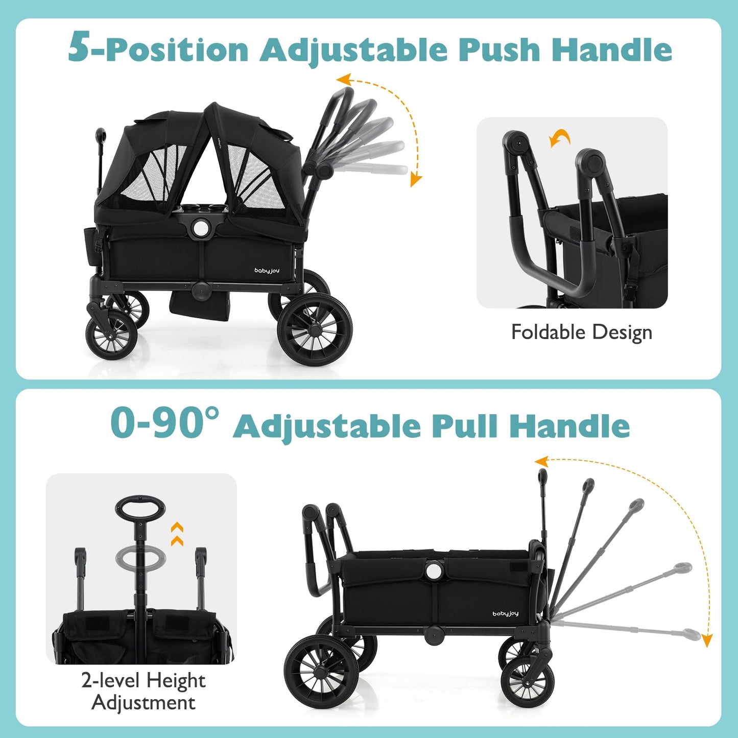Baby Joy Wagon Stroller For 2 Kids, Collapsible Push Pull Double Stroller Wagon With Adjustable Handle Bar, Removable Canopy, Sa