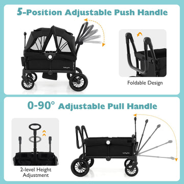 Baby Joy Wagon Stroller For 2 Kids, Collapsible Push Pull Double Stroller Wagon With Adjustable Handle Bar, Removable Canopy, Sa