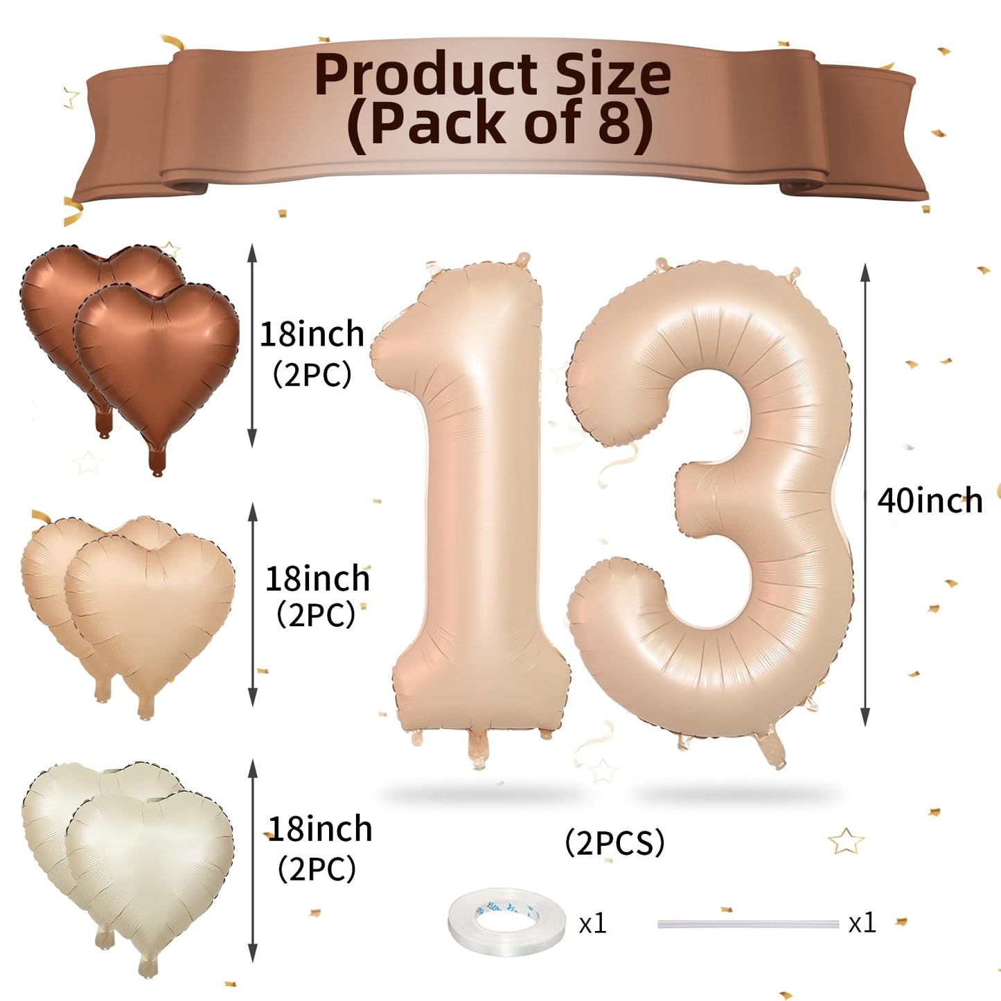 Biapian 40 Inch Light Brown Number 13 Balloons, 8Pcs Large Foil Number 1 & 3 Balloons With 18'' Caramel Heart Shape Balloon For