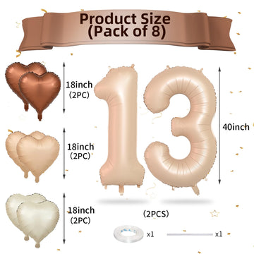 Biapian 40 Inch Light Brown Number 13 Balloons, 8Pcs Large Foil Number 1 & 3 Balloons With 18'' Caramel Heart Shape Balloon For