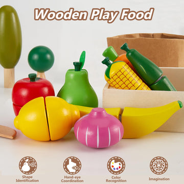 HERSITY Wooden Play Food Set Cutting Fruits and Veggies Toys for Toddlers 1-3, Pretend Play Kitchen Accessories Montessori Educa