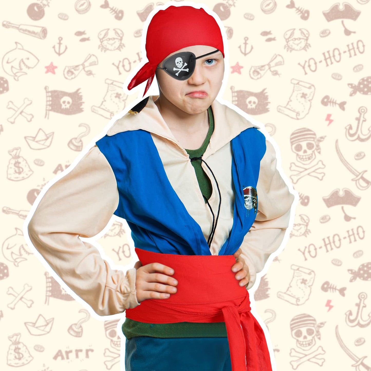 7 Pcs Pirate Costume Accessories for Kids  Pirate Eye Patch Head Bandana Red Sash Inflatable decorative replica blade Earring Skull Ring Coin Bag Halloween Dress up Set for Role Play Party