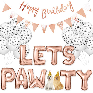 Legendog Dog Birthday Party Supplies Dog Paw Print Balloons Cat Birthday Hat Happy Birthday Banner Foil Balloons Lets Pawty Letters Balloons Decorations (Rose Gold)
