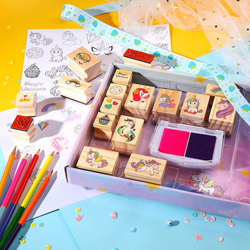 Unicorn Wooden Stamp And Sticker Set For Girls, Stampers, Inkpad, Coloring Pencil, Sticker Included, Arts & Crafts Set For Girls Boys Kids Ages 4 5 6 7 8 9 10 Years Old