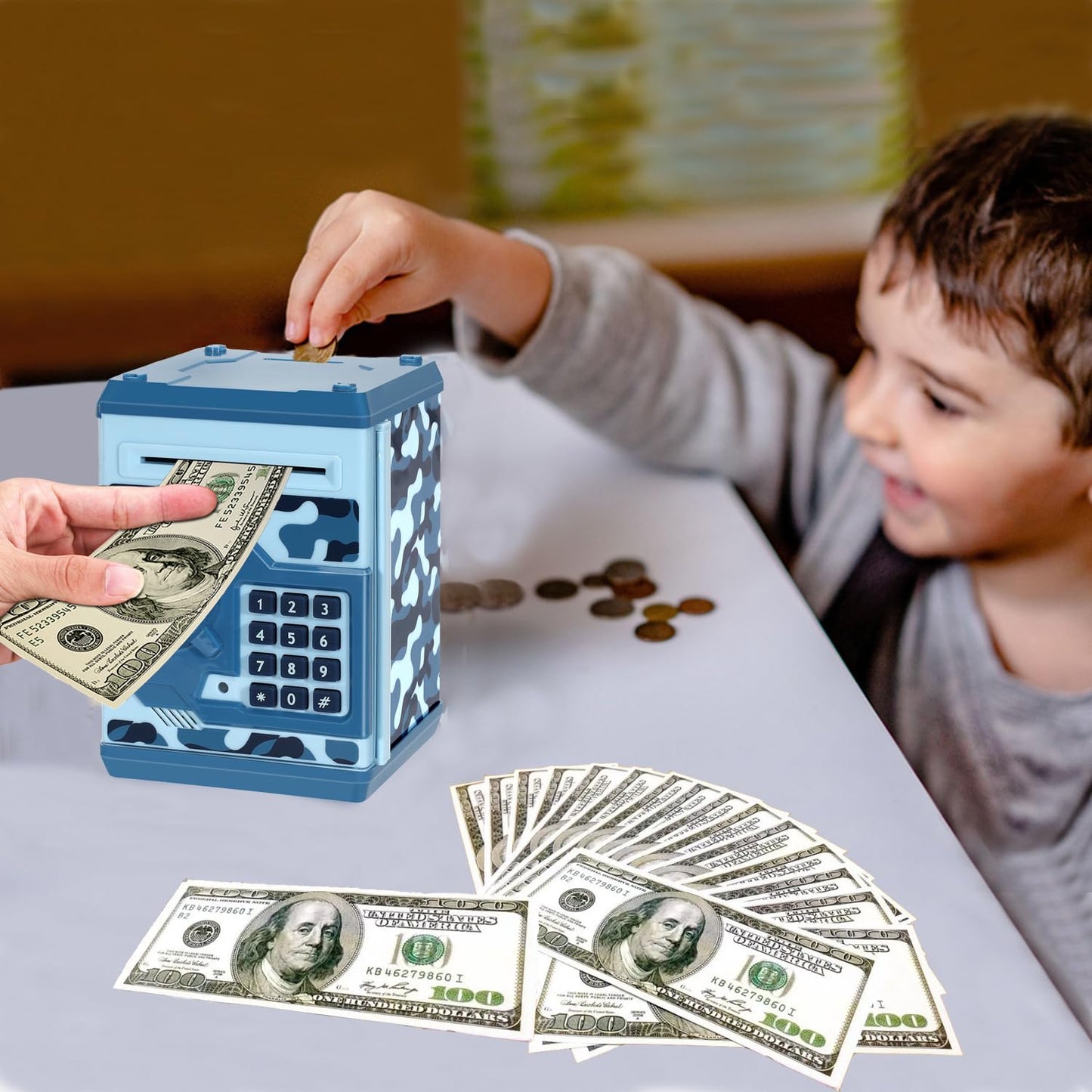 Renvdsa Cartoon Electronic Atm Password Piggy Bank Cash Coin Can Auto Scroll Paper Money Saving Box Gift For Kids (Blue Camouflage)