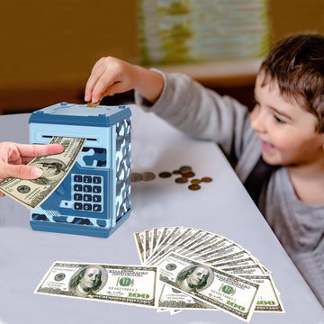 Renvdsa Cartoon Electronic Atm Password Piggy Bank Cash Coin Can Auto Scroll Paper Money Saving Box Gift For Kids (Blue Camouflage)