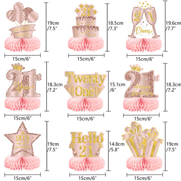 9Pcs 21St Birthday Decorations Pink Rose Gold Honeycomb Centerpieces For Women Girls,Happy 21St Birthday Table Centerpieces Part
