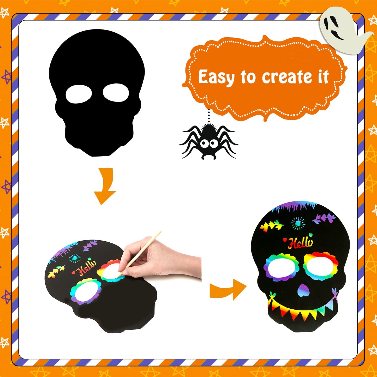 MGparty Halloween Crafts 42PCS Halloween Rainbow Scratch Mask Magic Scratch Paper Art for Kids Birthday Classroom Decoration Par