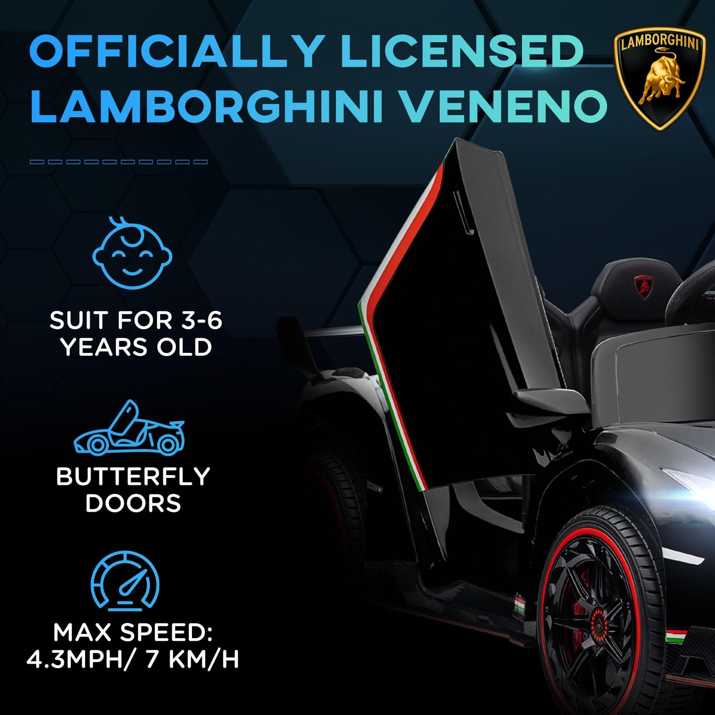 Aosom Lamborghini Veneno Licensed Kids Electric Car With Bluetooth, 12V Ride On Car With Butterfly Doors, Remote Control, Portable Battery, Suspension System, Horn, Songs, Lights, Black