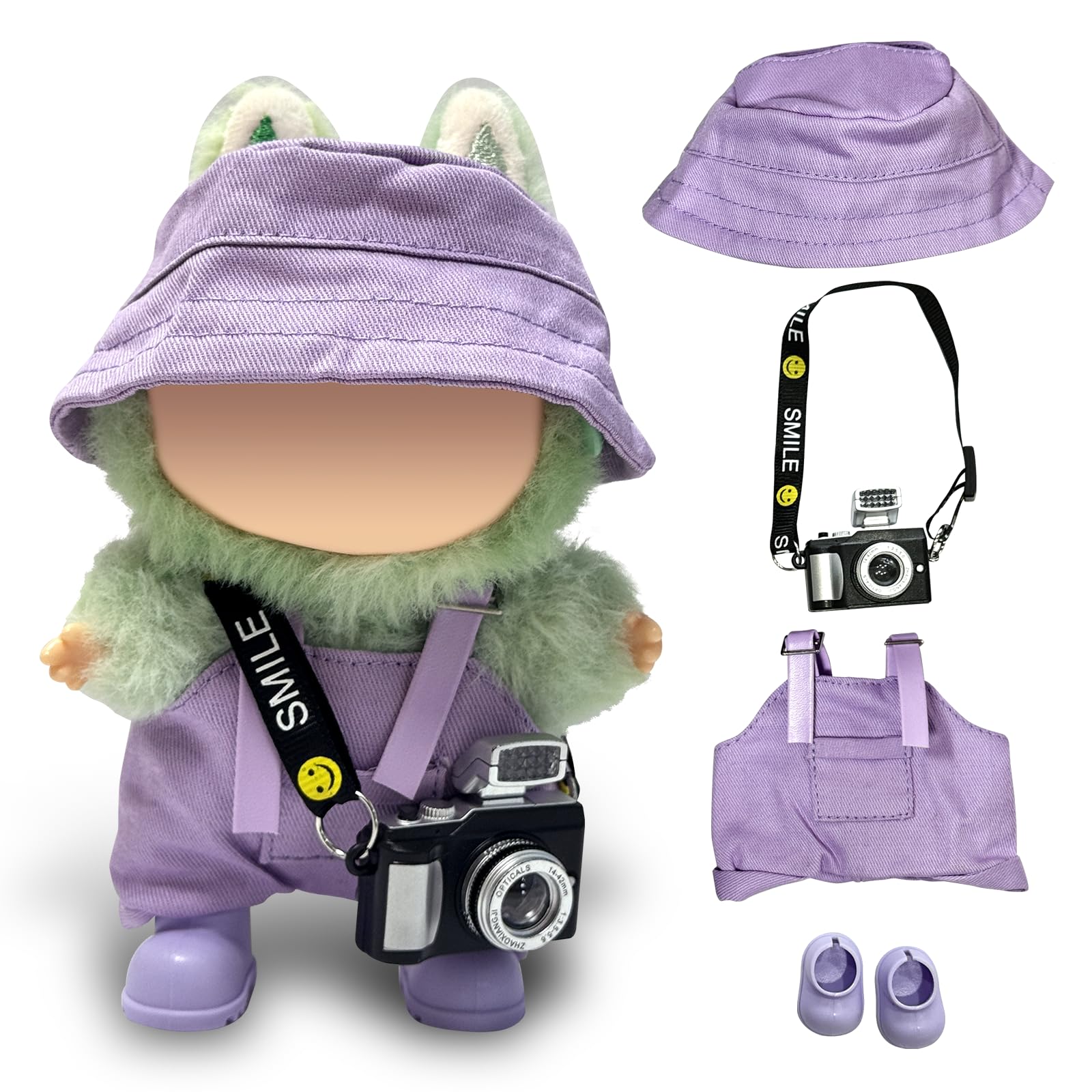 17cm Light Purple Outfit Set (Doll Not Included) - Bucket Hat  Overalls Shorts  Mini Camera & Shoes  Cute Style for 17cm Doll Dress-up(Purple SC)