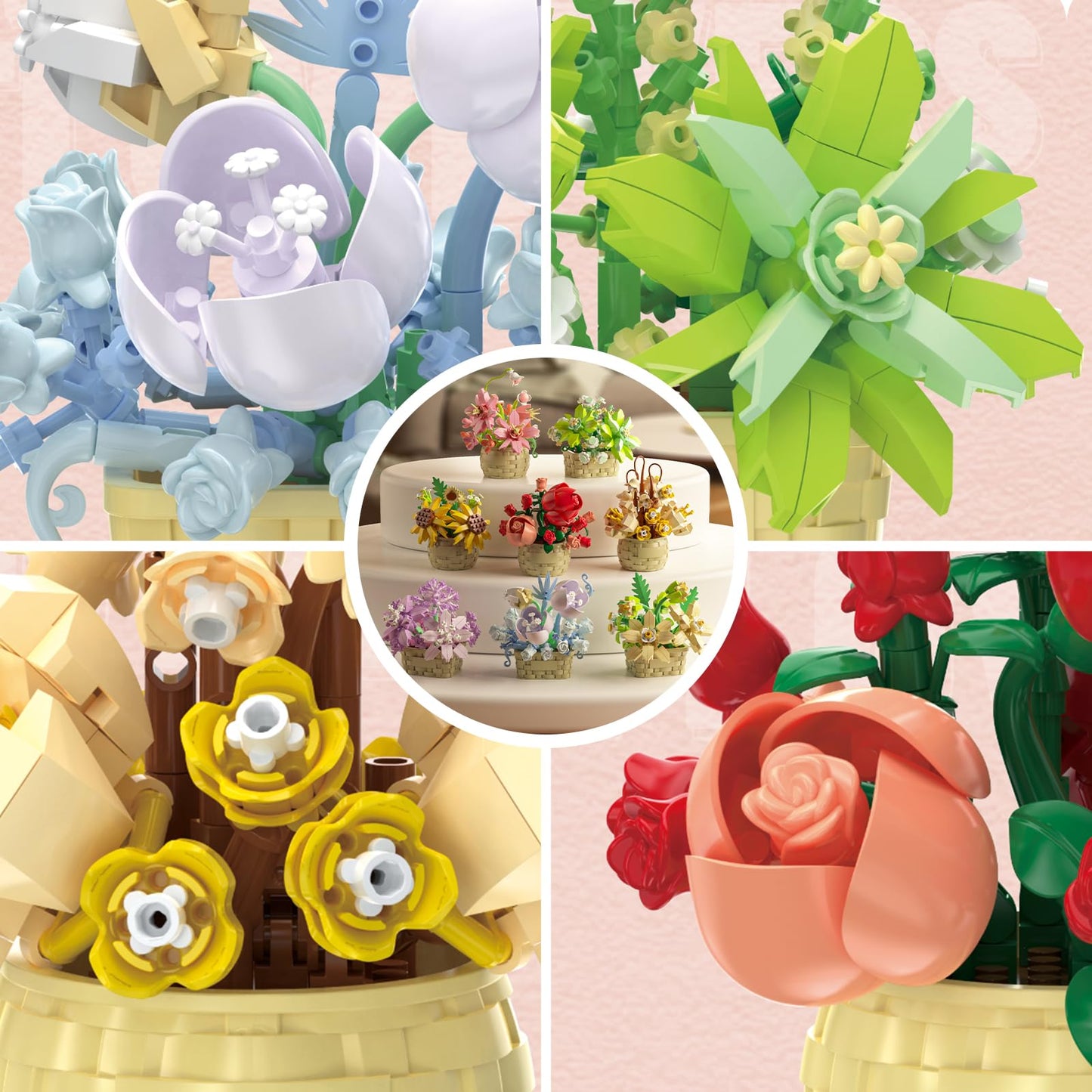 SJIADA 8 Pieces Flower Block Set  Plant and Succulent Toys Birthday Gift for Women and Girls As a Decoration or mature-themed Block Toy