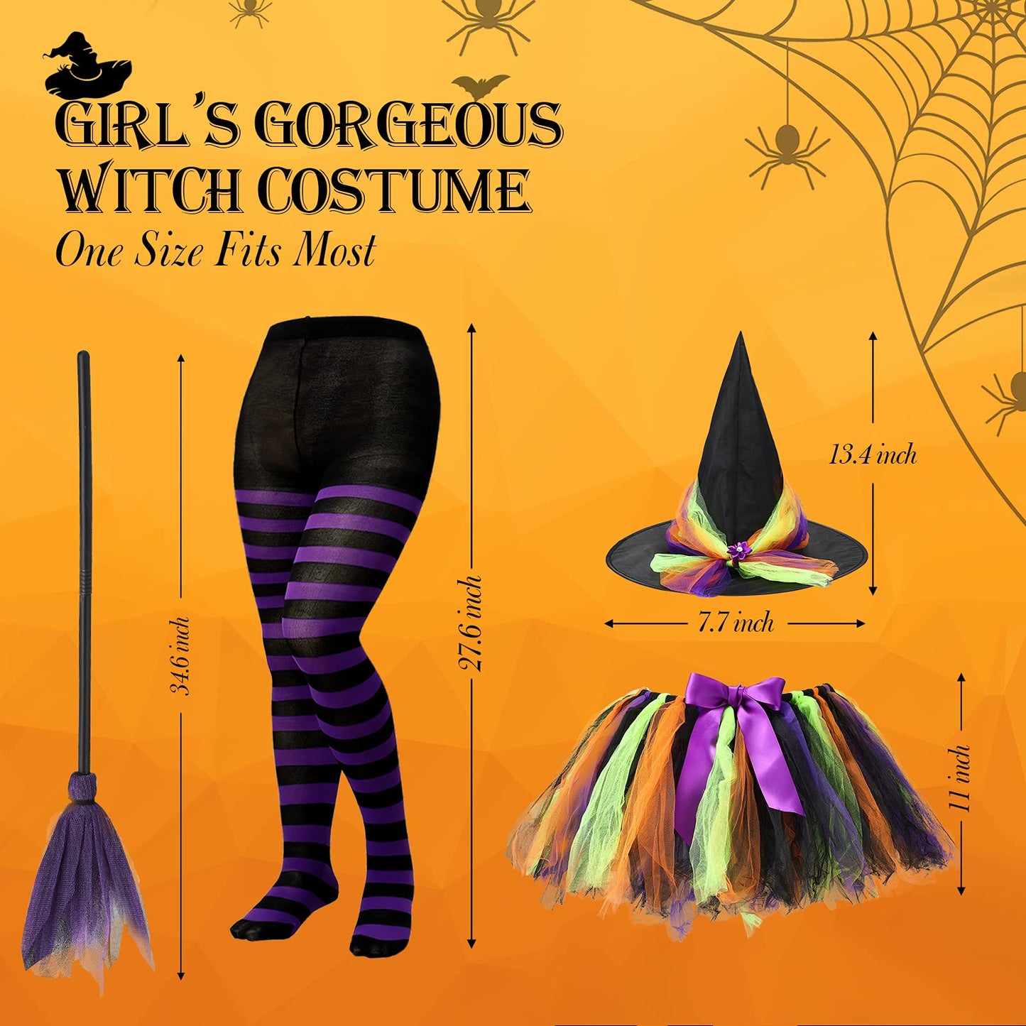 Satinior Halloween Tutu With Witch Hat Halloween Witch Costume Set For Girls Witch Tutu Skirt, Striped Tights And Plastic Witch Broom For Cosplay Party Favors Supplies