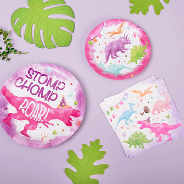 Wernnsai Pink Dinosaur Party Supplies - 48 Pcs Dinosaur Paper Plates Napkins Dino Dinner Plates And Napkins Girls Birthday Party Tableware For Kids Birthday Baby Shower Decorations Serves 16 Guests