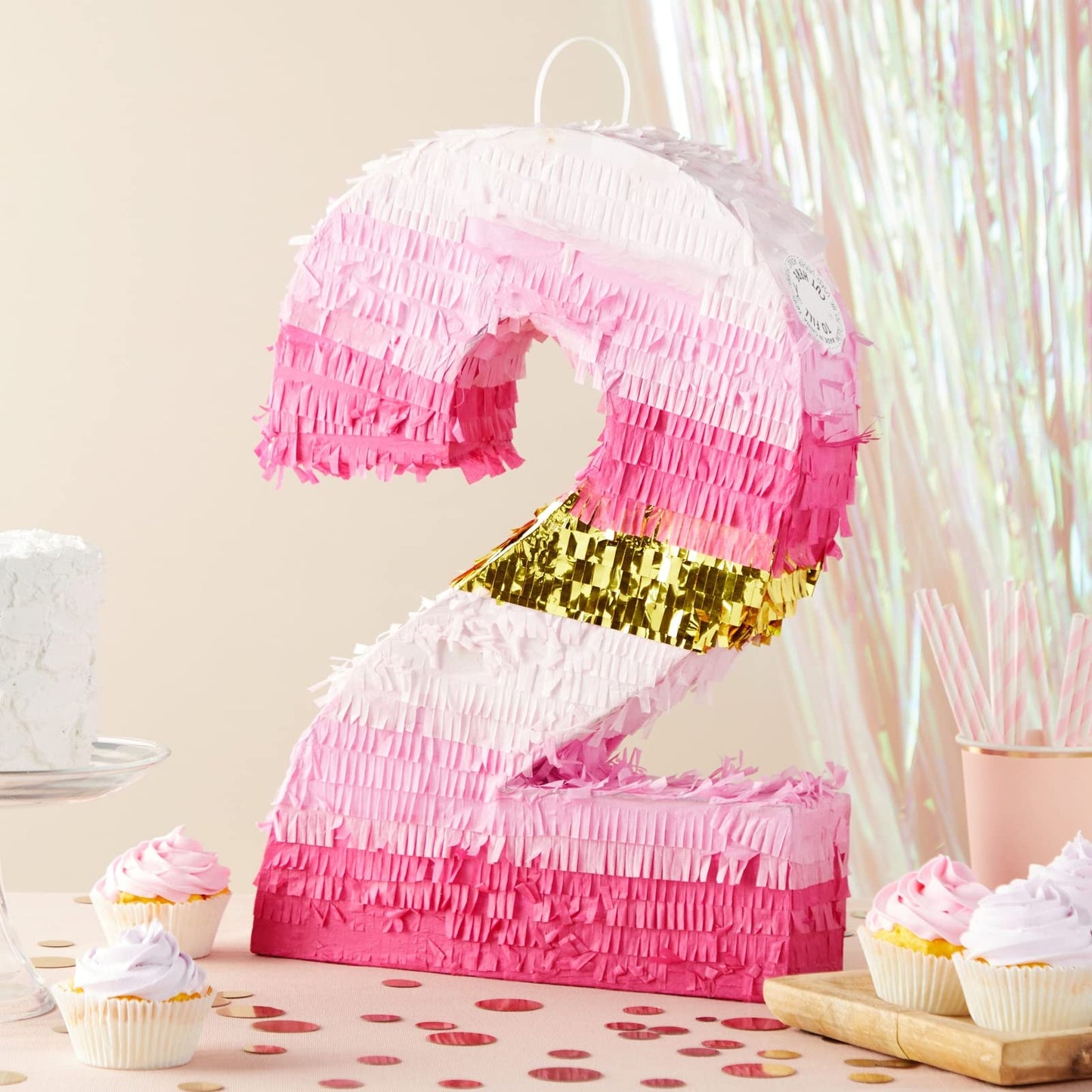 Blue Panda Number 2 Pinata (16.5X11X3In) - Pink & Gold String Pinata For Girls 2Nd Birthday Decoration