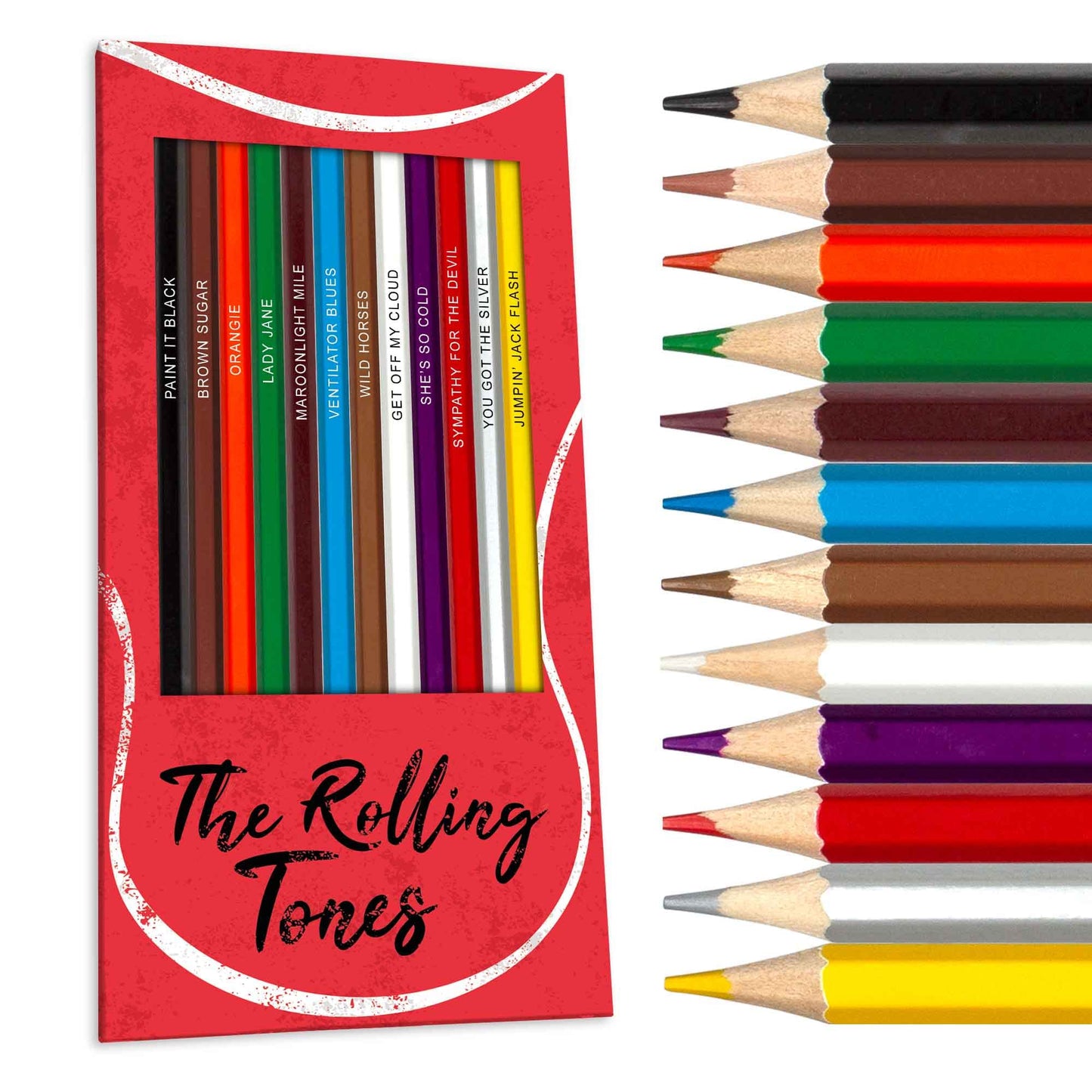 Pun Labs The Rolling Tones Colored Pencil Set - 12 Set Rolling Stones-Inspired Pencils with Foil-Stamped Band References, Ideal 