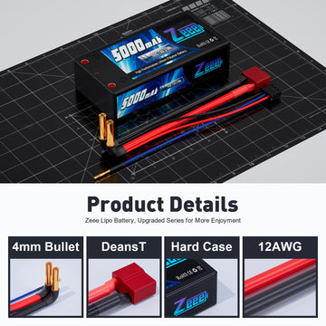 Zeee 2S Shorty Lipo Battery 5000mAh 7.4V 100C Hard Case with 4mm Bullet to Deans Connector for RC 1/10 Scale Vehicles Car Trucks