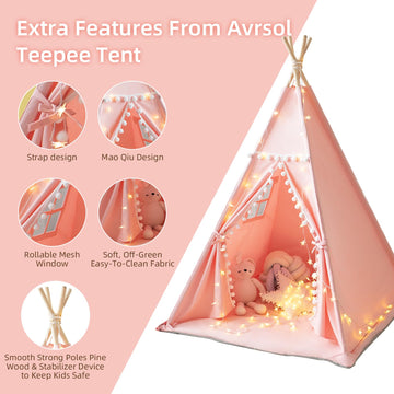 Rongfa Teepee Tent For Kids With Mat, Star Lights, Carry Case, Cotton Canvas Playhouse, Foldable Tents, Portable Children Play Tent Indoor Outdoor (Pink)