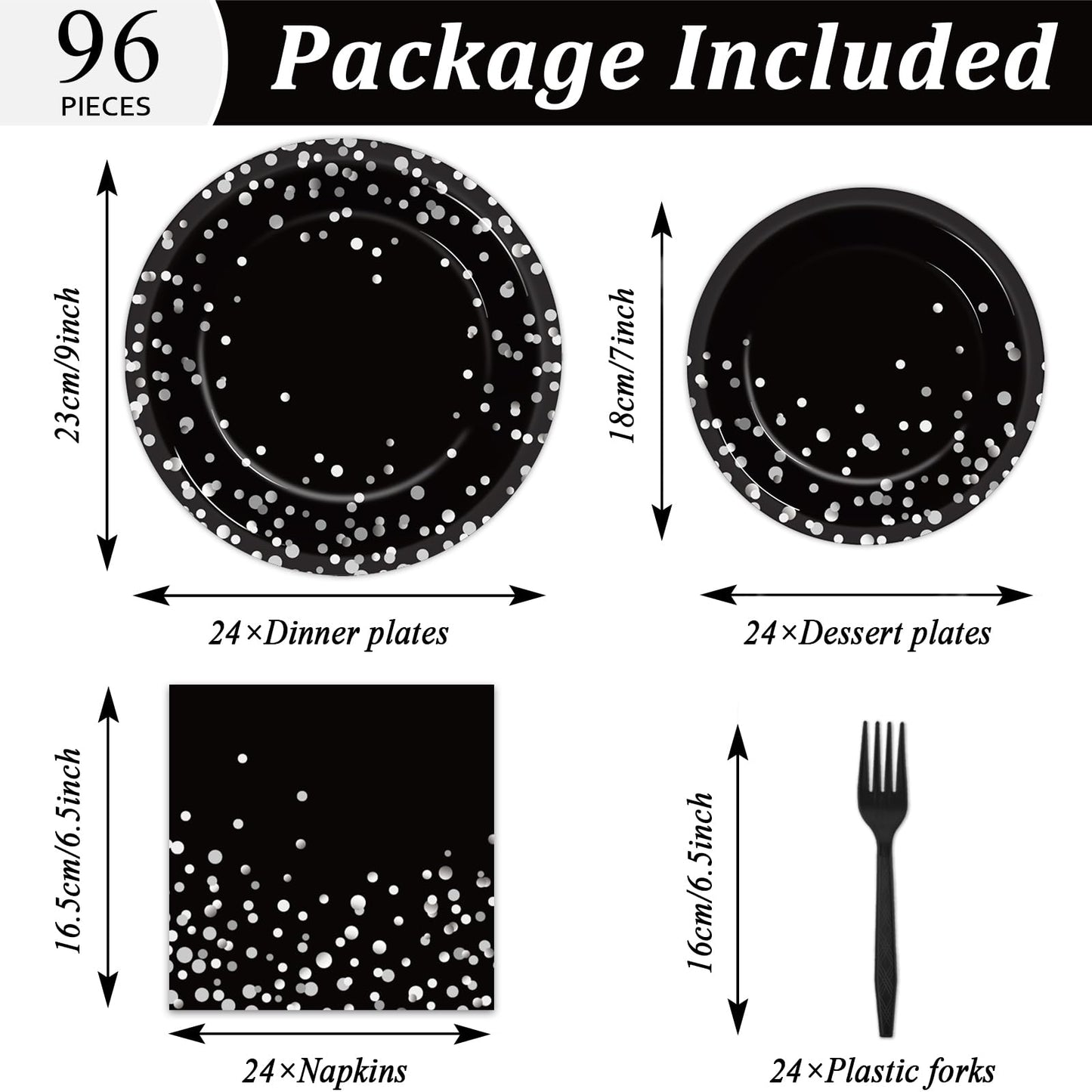 96 Pcs Black And Silver Party Supplies Paper Plates Napkins Silver Dot On Black Party Birthday Tableware Kit Black And White Bir