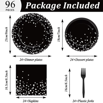 96 Pcs Black And Silver Party Supplies Paper Plates Napkins Silver Dot On Black Party Birthday Tableware Kit Black And White Bir