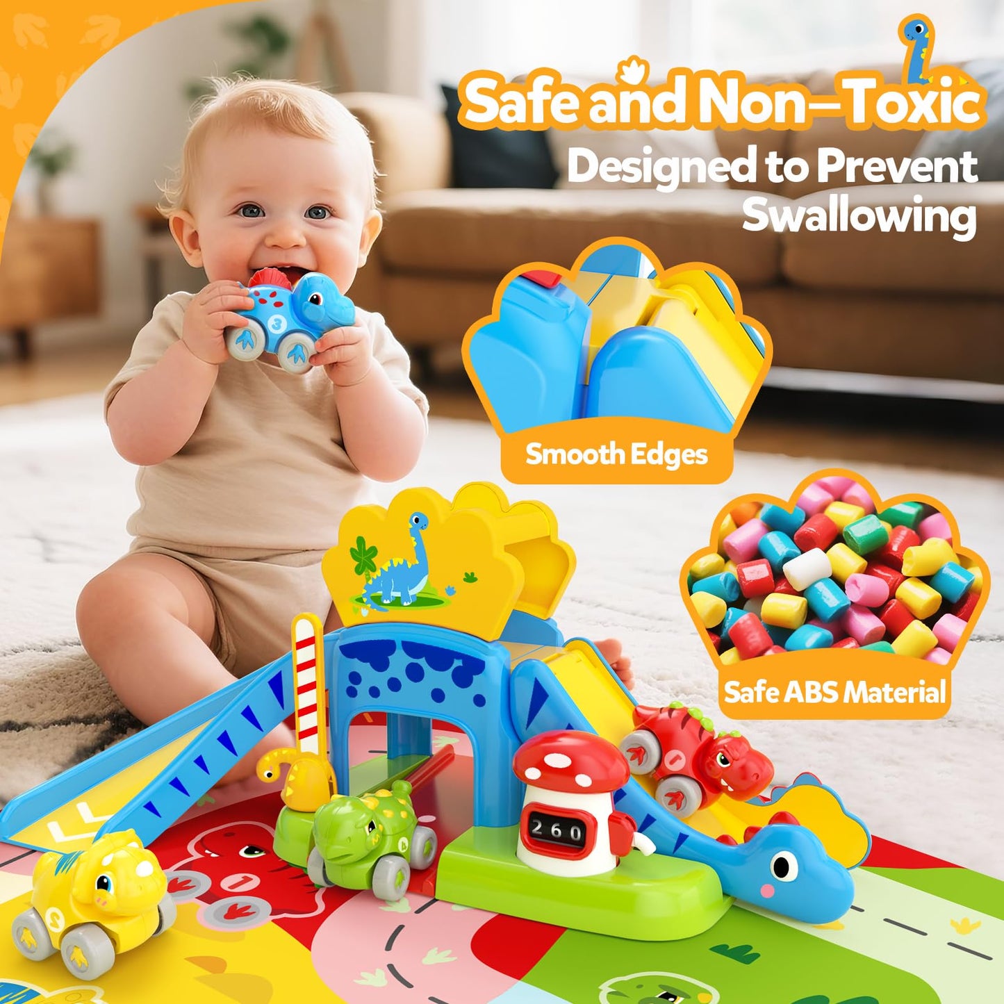 NEHEME Toddler Dinosaur Slide Set - Educational Toy with Push Cars & Playmat, Small, Plastic, Yellow/Red/Blue/Green, Model 2506B