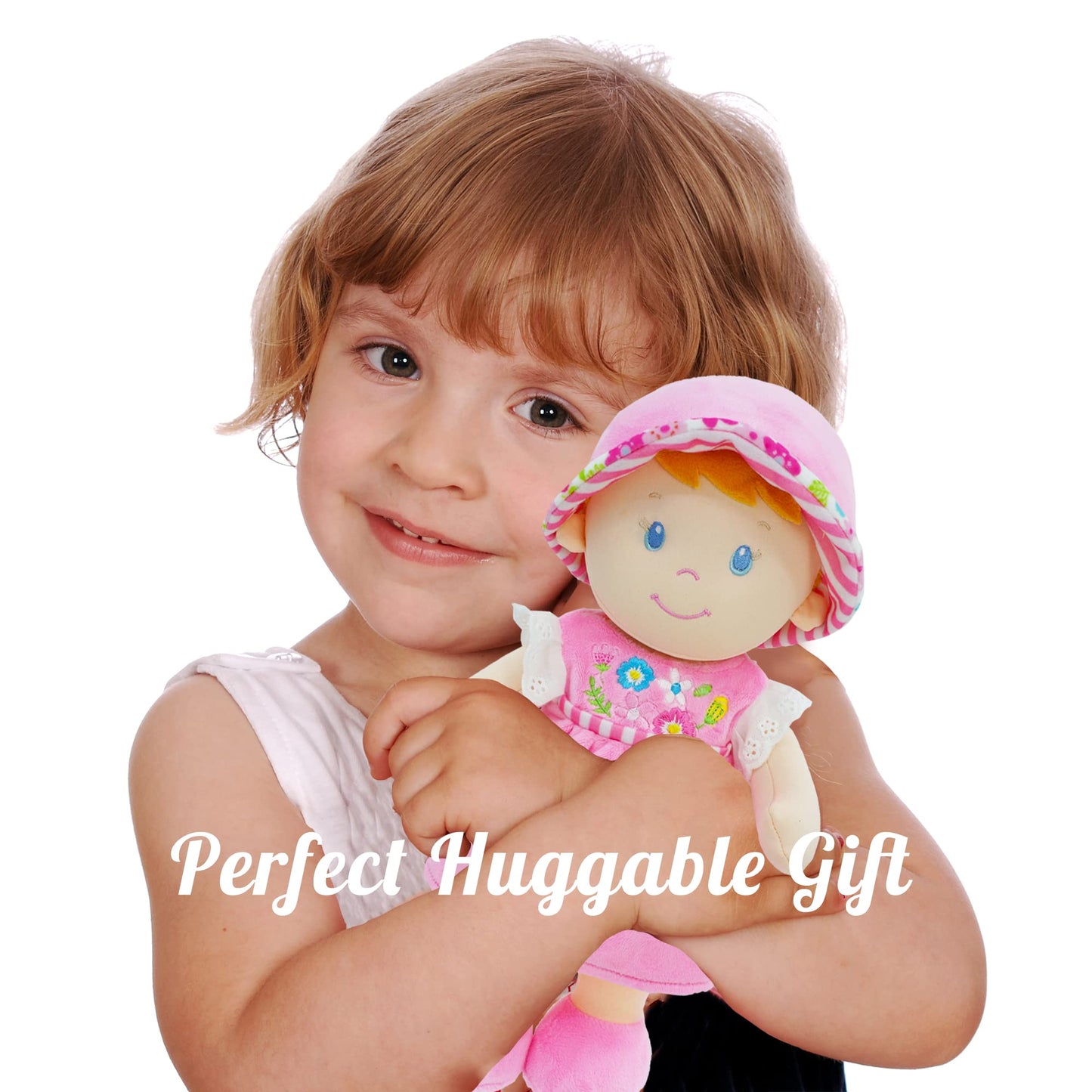 June Garden 12" Soft Dolly Emilia - Plush Stuffed Baby Doll Gift for Girls - Pink Dress, Model JGD21015