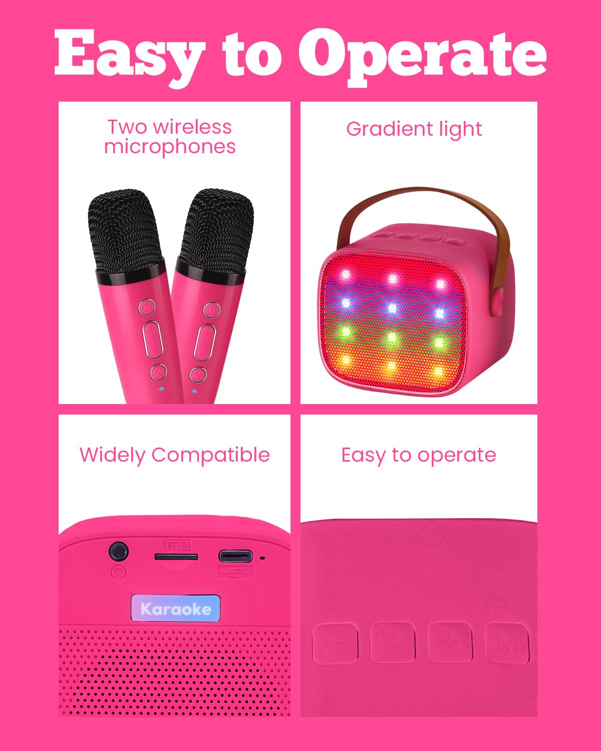 VERKB Mini Karaoke Machine with 2 Wireless Microphones for Kids  Kids Toys for Girls and Boys  Portable Bluetooth Speaker Gift for Girls 4  5  6  7  8+ Year Old Birthday Party(Rose Red)