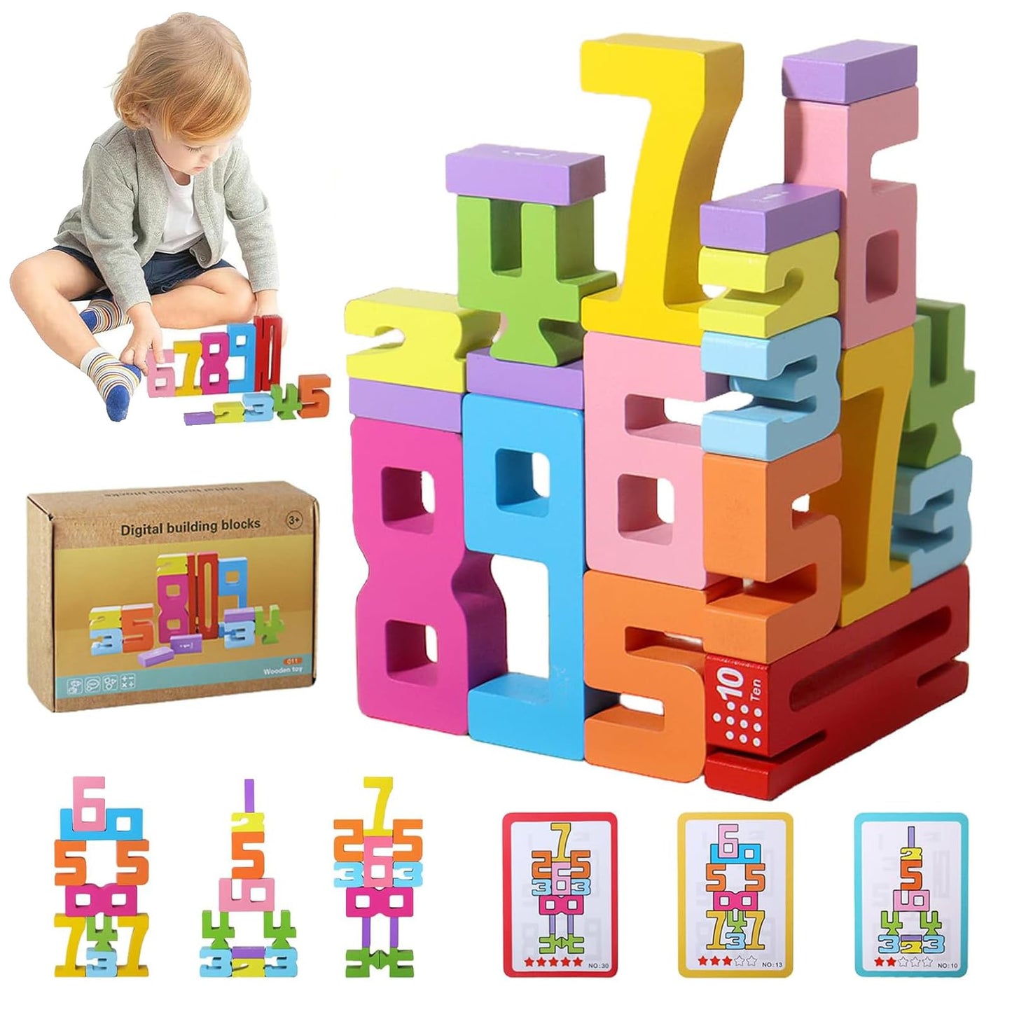 Gosarhey 20Pcs Wooden Number Building Blocks, Number Blocks Friends Of Ten, Friends Of Ten Blocks, 1-10 Balance Wooden Digital B