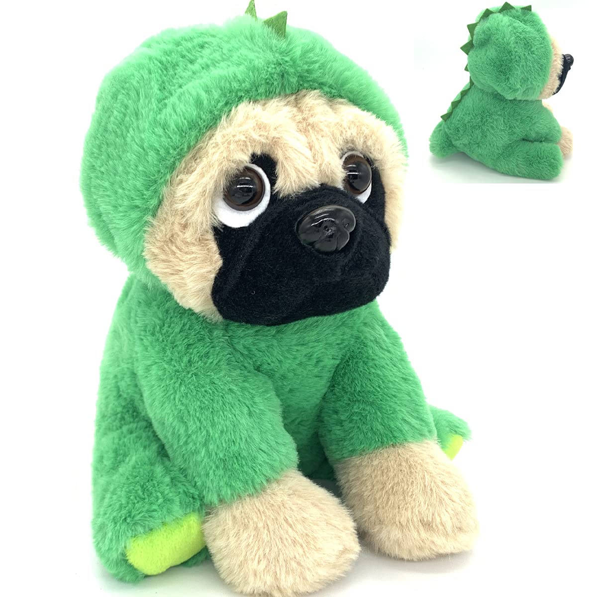 Joyamigo Pug Stuffed Animal Plush Dog Puppy Soft Cuddly Toy In Costumes Dressed As Dinosaur - Super Cute Quality Dino Teddy Plush Easter Basket Stuffers Decor