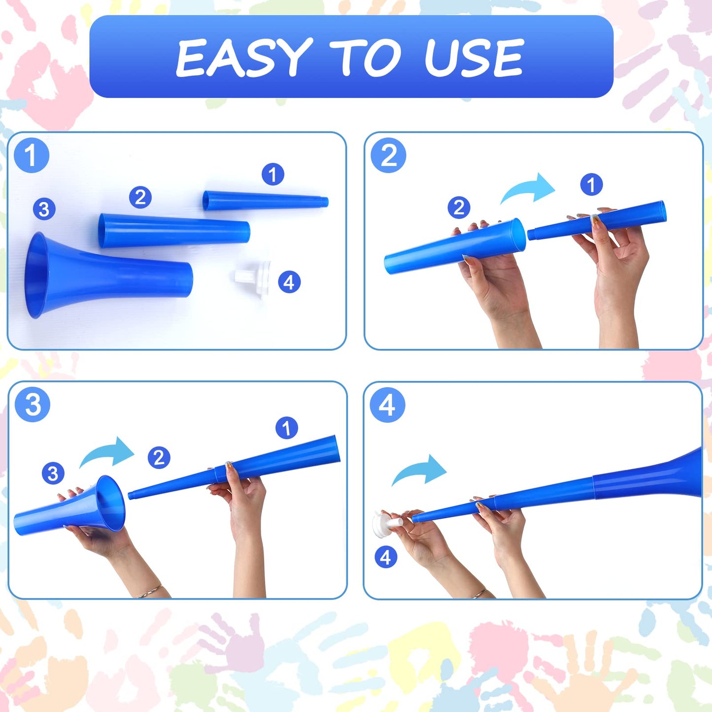 Sosation 4 Pieces Collapsible Stadium Horn 24 Inch Vuvuzela Plastic Trumpet Horn Blow Noisemakers For Sporting Events Graduation Games School Sports Party Supplies Favors Accessories(Blue)