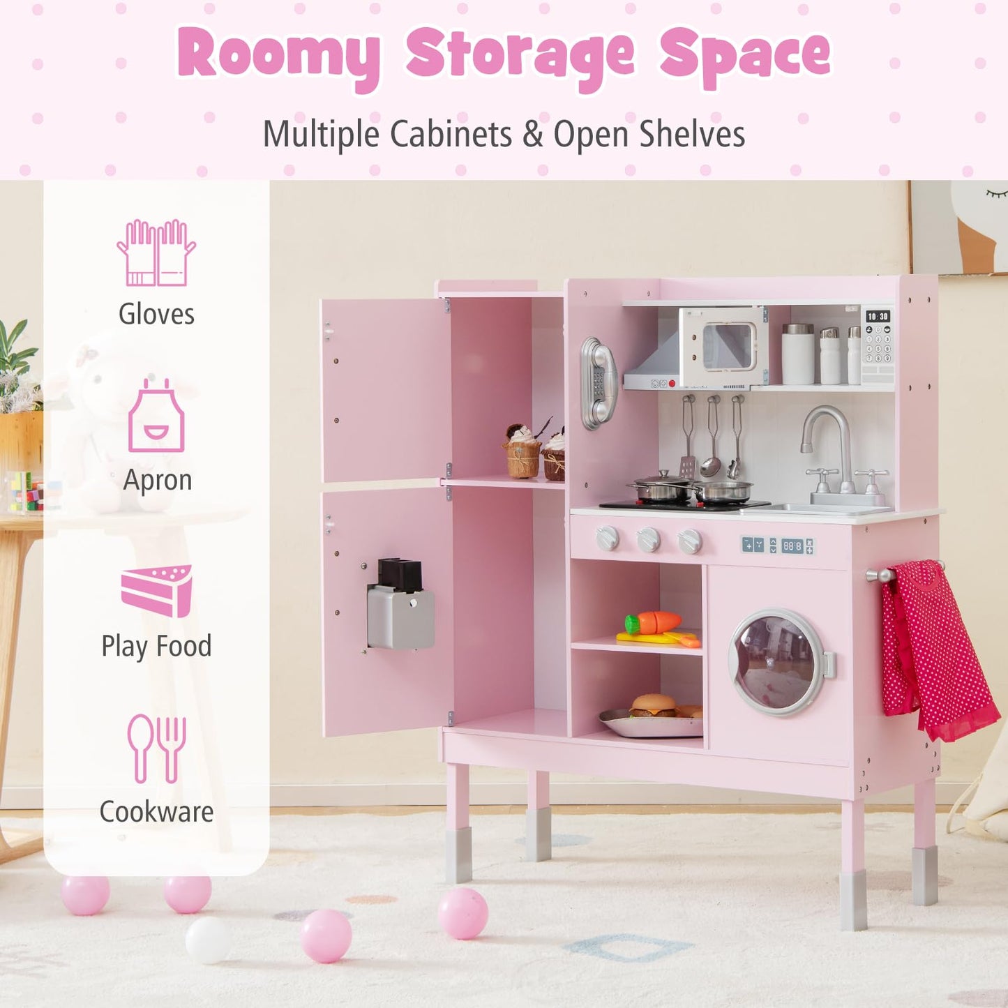 Honey Joy Pink Kids Kitchen Playset, Wooden Play Kitchen For Toddlers, Microwave, Cookware, Washing Machine, Range Hood, Blackbo